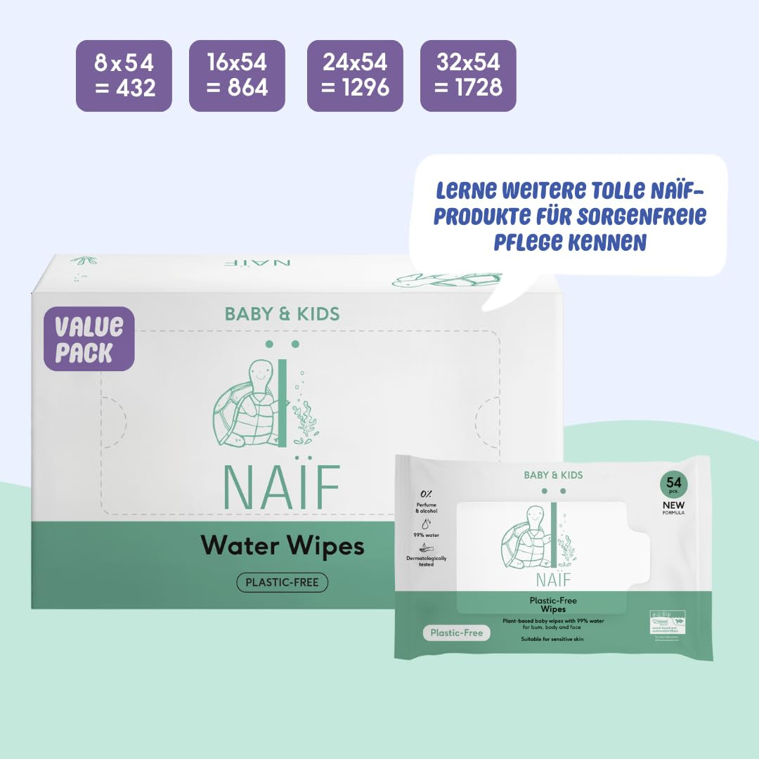 Naïf - Plastfri vådservietter - 1296 stykker (24 x 54 vådservietter) - Babybund, krops- og ansigtspleje - 99 % vand - 0 % duft og alkohol