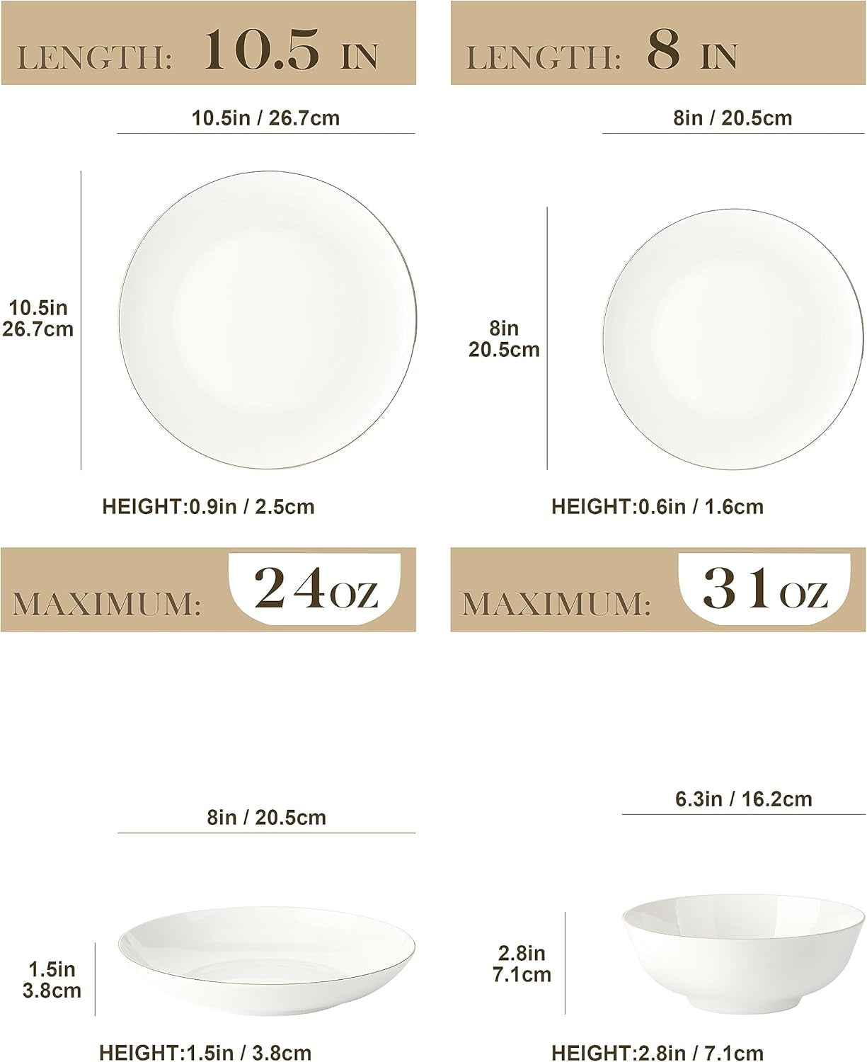 MALACASA 4-personers porcelænssæt Bone China 16-delt porcelænssæt rund hvid med guldkant Kombinationssæt med 4 middagstallerkener 4 desserttallerkener 4 Suma-tallerkener og 4 kornskåle NORI-serien