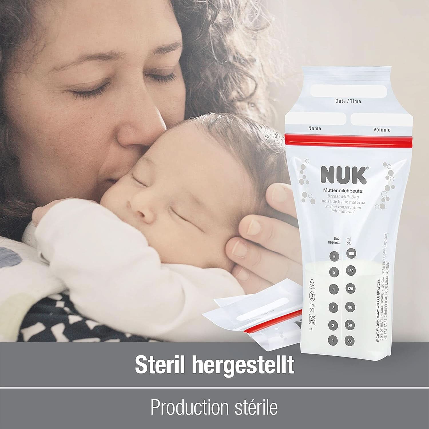 NUK modermælksposer, som sparer plads og kan bruges med det samme, 180 ml, 25 stk, gennemsigtigt Tilbehør Mad og Amning Bebe Naty Shop