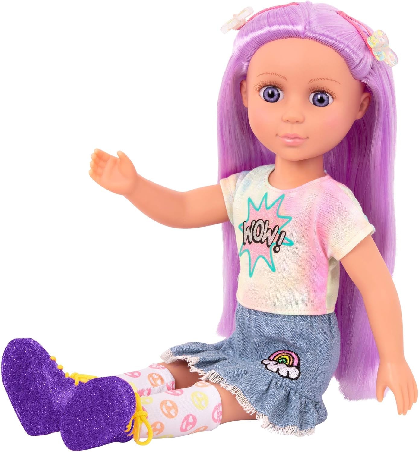 Glitterpiger - Luma - 36 cm artikuleret dukke - Unikt lilla hår og lilla øjne - Hårforlængelser, sløjfe, klips og farverigt outfit - 3 år +