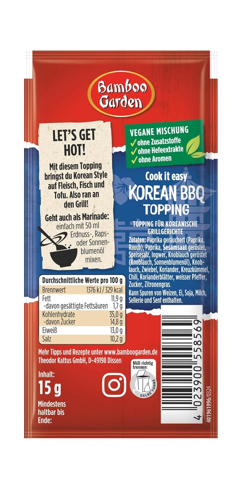 Bamboo Garden - Koreansk BBQ Topping | Gewürztopping zum Verfeinern von Koreanischen Grillgerichten | Veganske, naturlige ingredienser | 15 g i pose