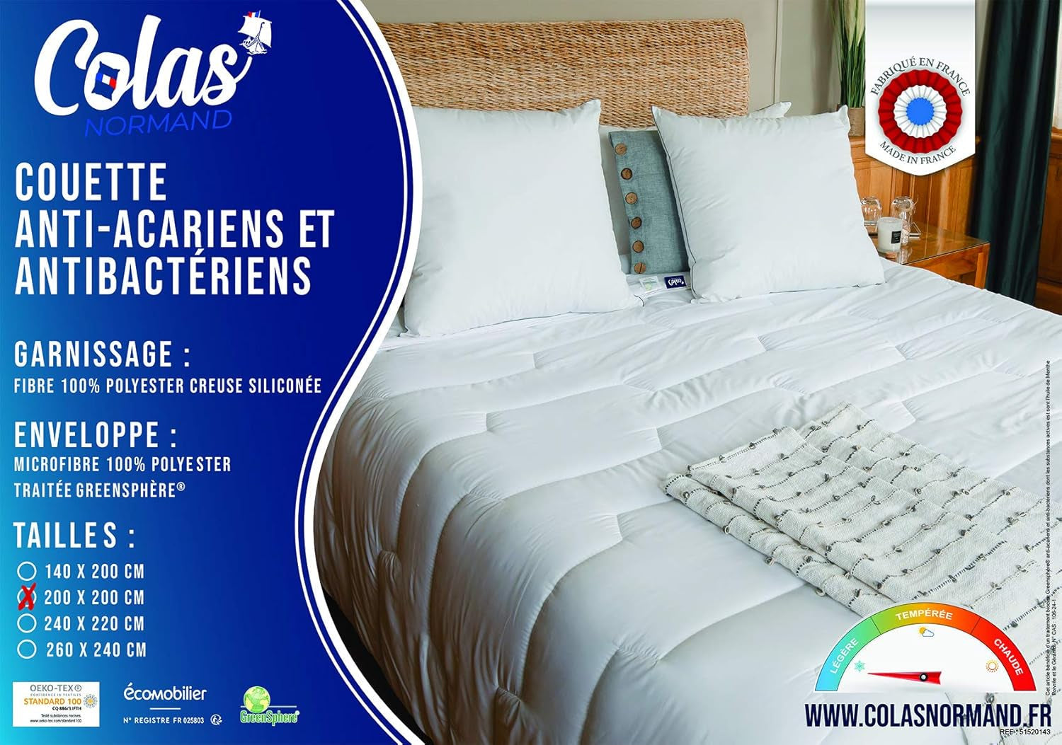 COLAS NORMAND Antimide og antibakteriel quilt, let, 200 X 200 cm, langtidsholdbar effekt, perfekt hygiejne, mikrofiber, blød og behagelig, vaskbar, fransk, hvid 53130248 Naty Shop Dyner og dyner