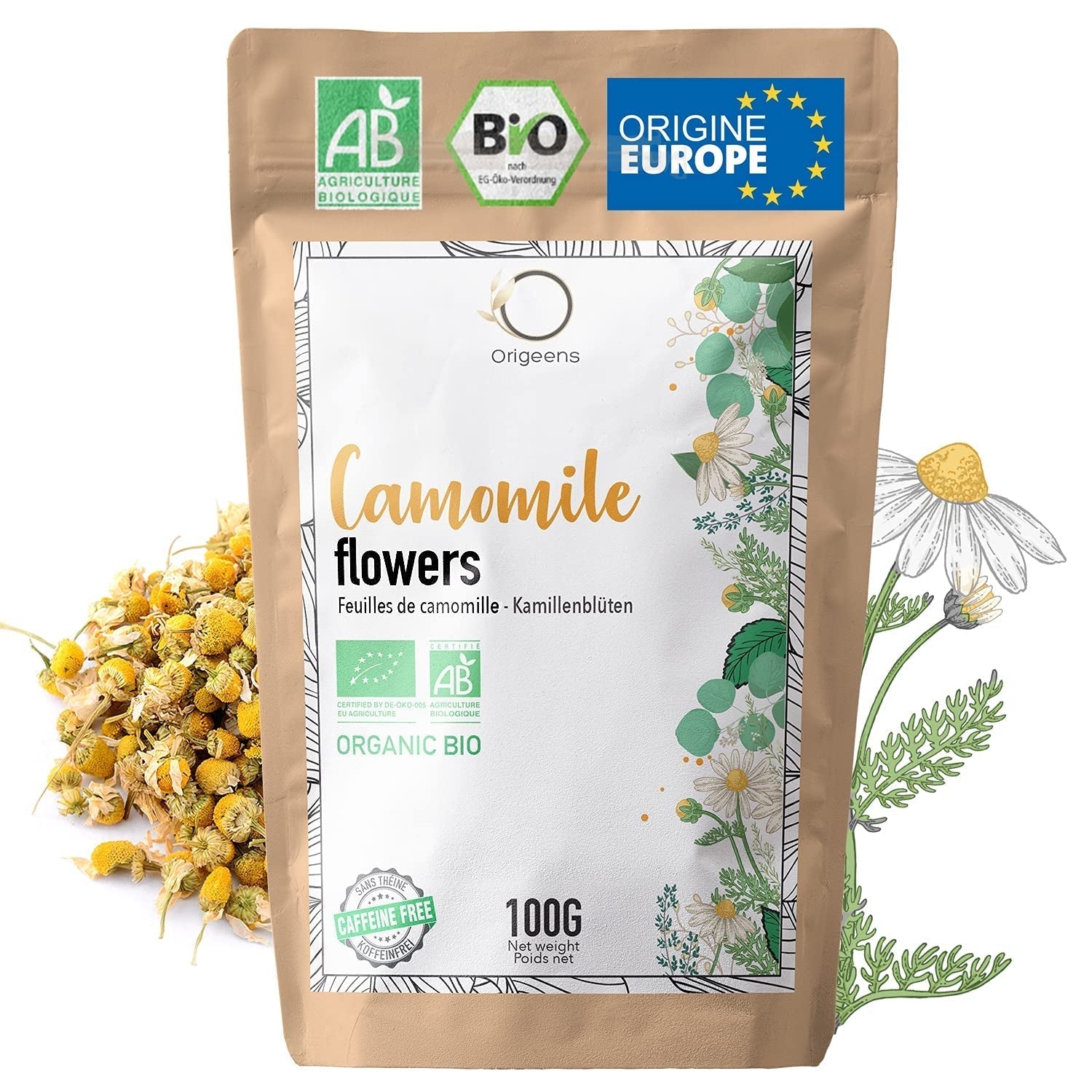 ORIGEENS Økologisk kamilleblomstte fra Europa, 100 g | Løsbladste, økologisk te til søvn og fordøjelse | Tysk kamille | Certificeret og pakket i Tyskland