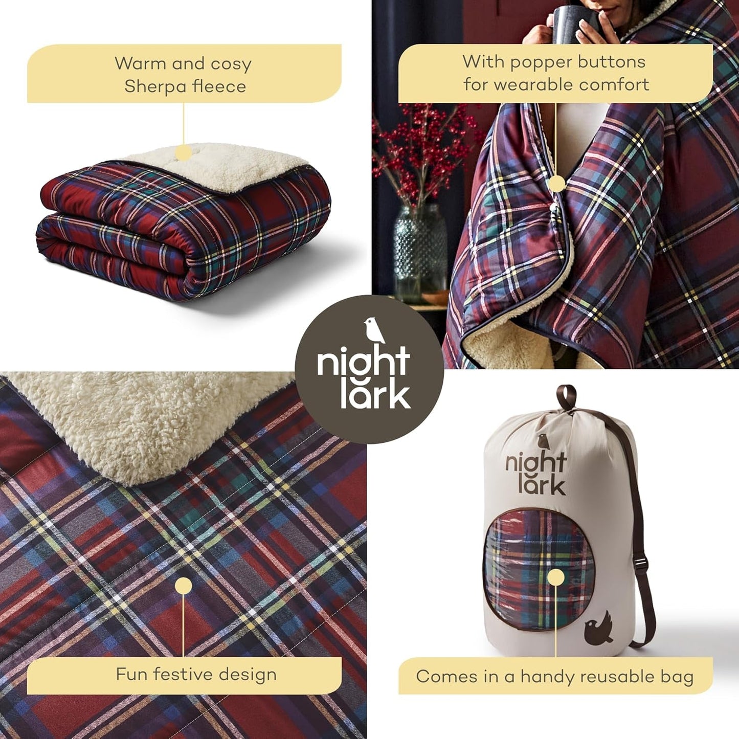 Night Lark Hyggeligt Sherpa Fleece tæppe, Klassisk Rød Tartan, 9 Tog, Luksuriøs, Fluffy, Tykk Og Vendbar, Perfekt Til Sofa, Seng, Sofa, Sofa. Hypoallergen, kan maskinvaskes, Størrelse: Night Lark Senge og dyner