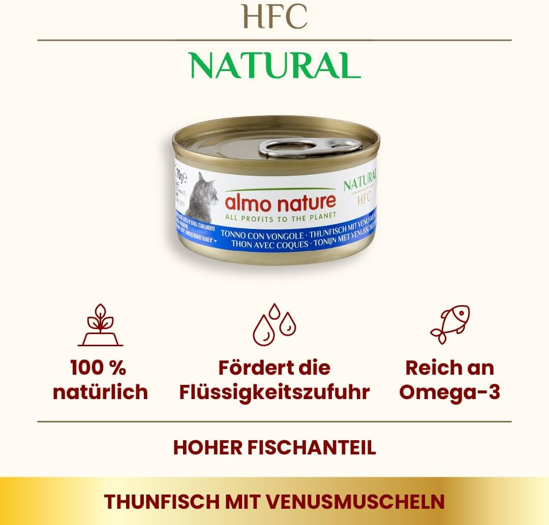 Almo Nature HFC Naturlig våd kattefoder - Tun med muslinger, pakke med 24 (24 x 70 g)