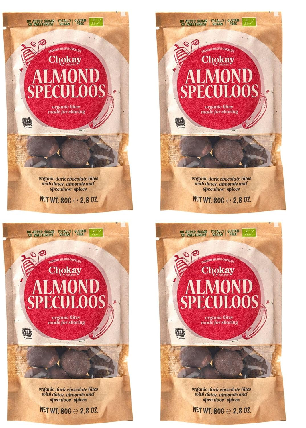 Sæt med 4 økologiske bid - kanelmandler/kanelmandler i belgisk mørk chokolade/ingen tilsat sukker, ingen sødemidler/VEGAN & FAIR TRADE / 4 x 85g