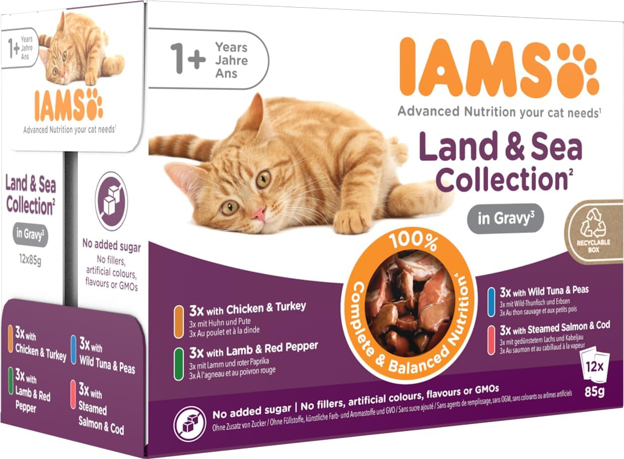 IAMS Delights Land & Sea Collection våd kattefoder - kød- og fiskesortiment Multipak i sauce, vådfoder til katte fra 1 år og derover, 12 x 85 g