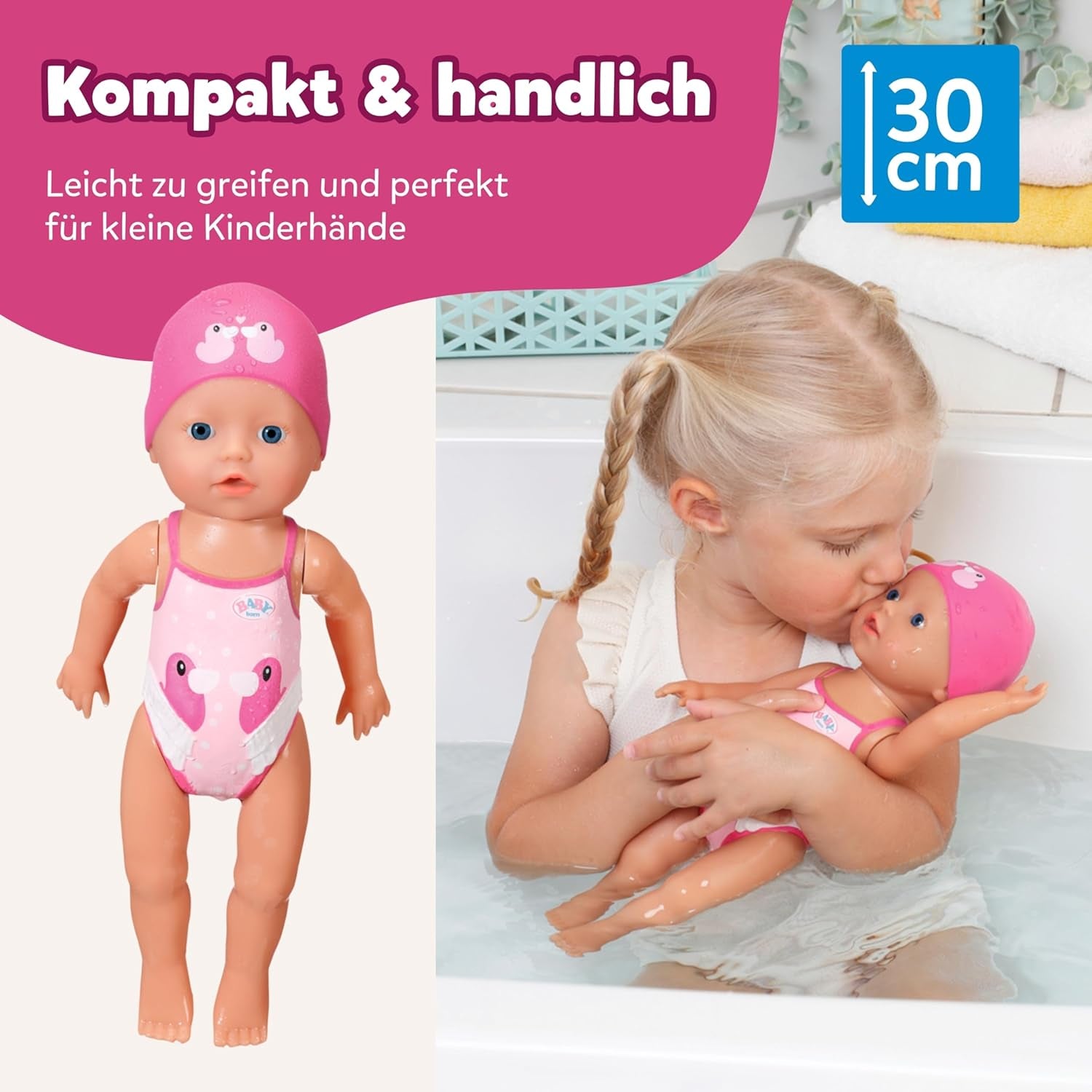 BABY Born My First Swimmer Girl - 30 cm Dukke - Badedukke med drejemekanisme, Vandtæt - Virker uden batterier - Velegnet til børn fra 1 år og derover
