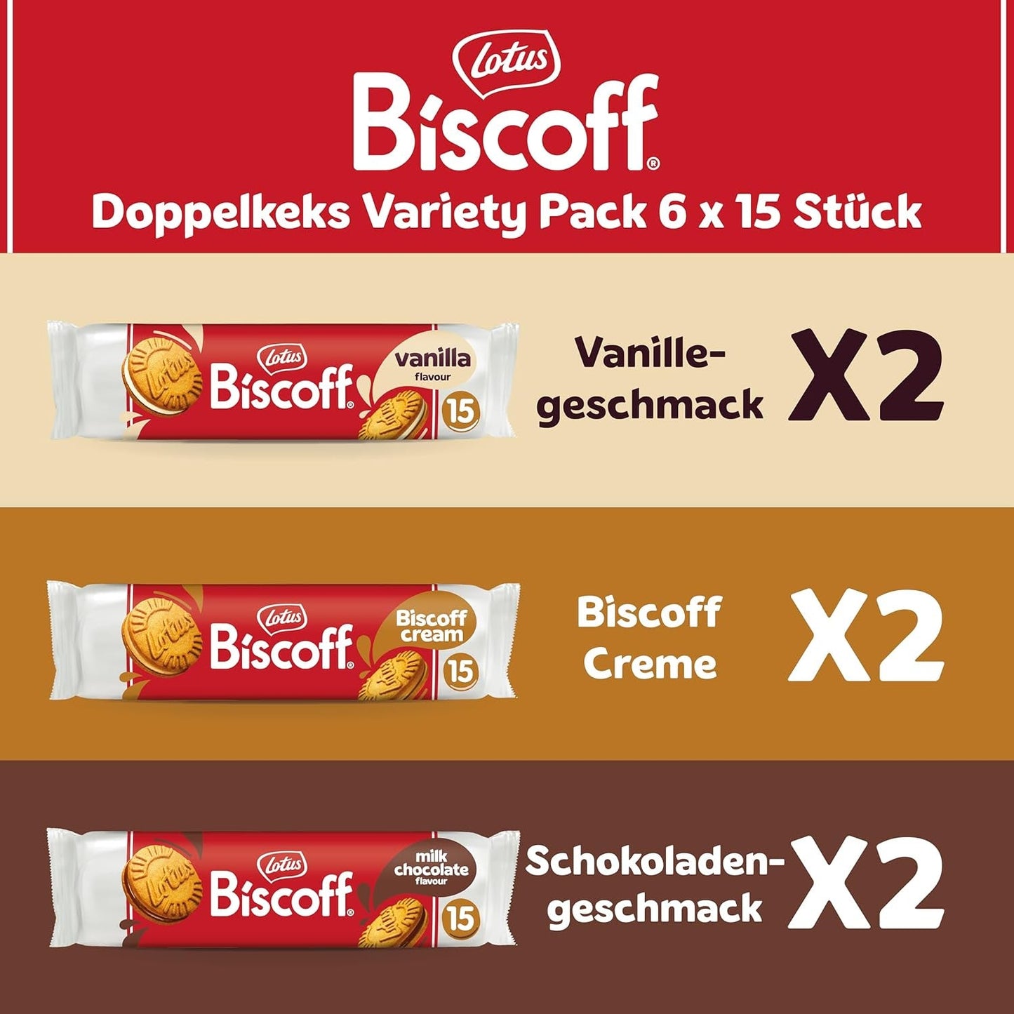 Lotus Biscoff | Dobbelt kiks Variety Pack | 3 sorter | 2 pakker pr. sort | 15 dobbeltkiks pr. pakke | Ingredienser af naturlig oprindelse | Ingen farvestoffer | 6 x 150g | 900 g
