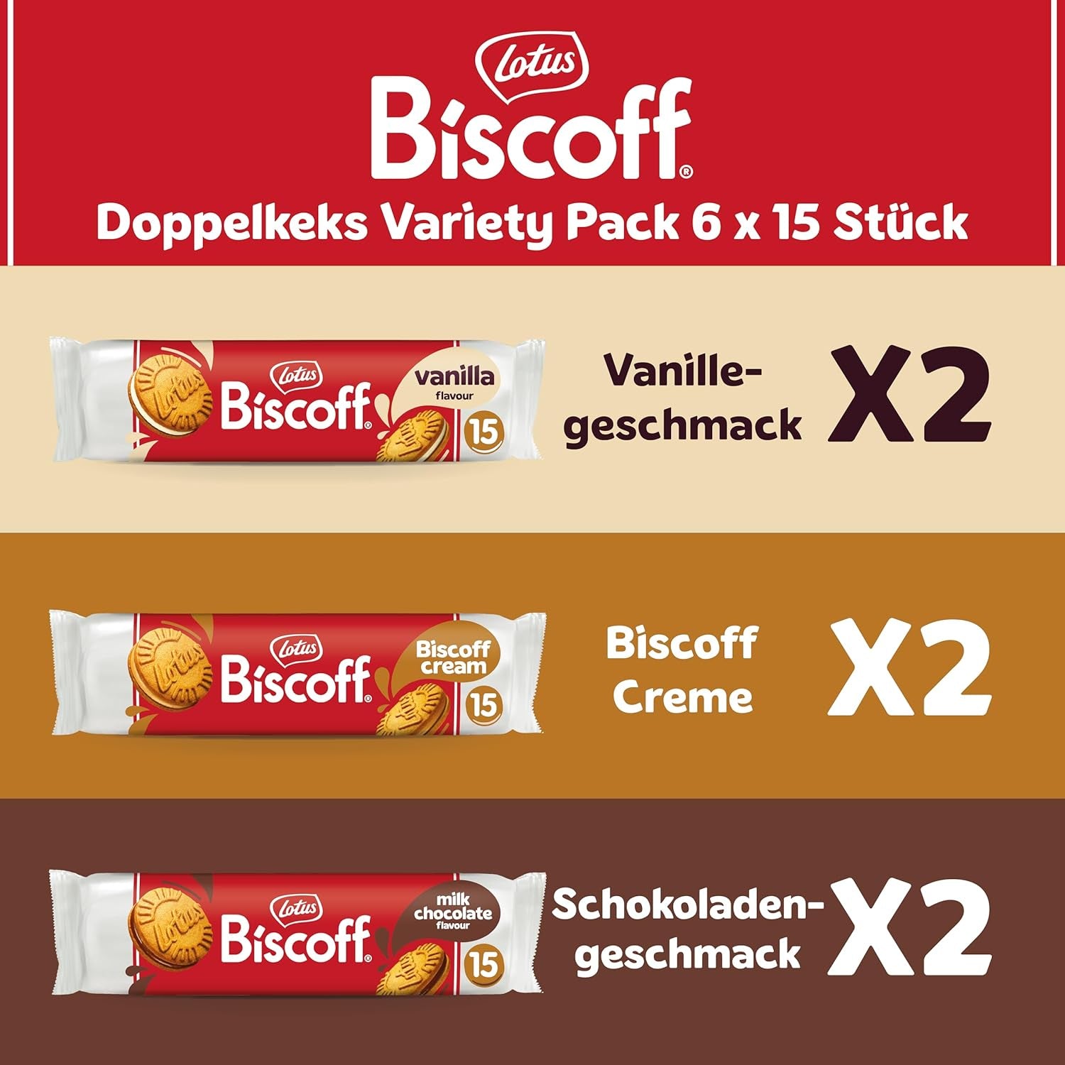 Lotus Biscoff | Dobbelt kiks Variety Pack | 3 sorter | 2 pakker pr. sort | 15 dobbeltkiks pr. pakke | Ingredienser af naturlig oprindelse | Ingen farvestoffer | 6 x 150g | 900 g