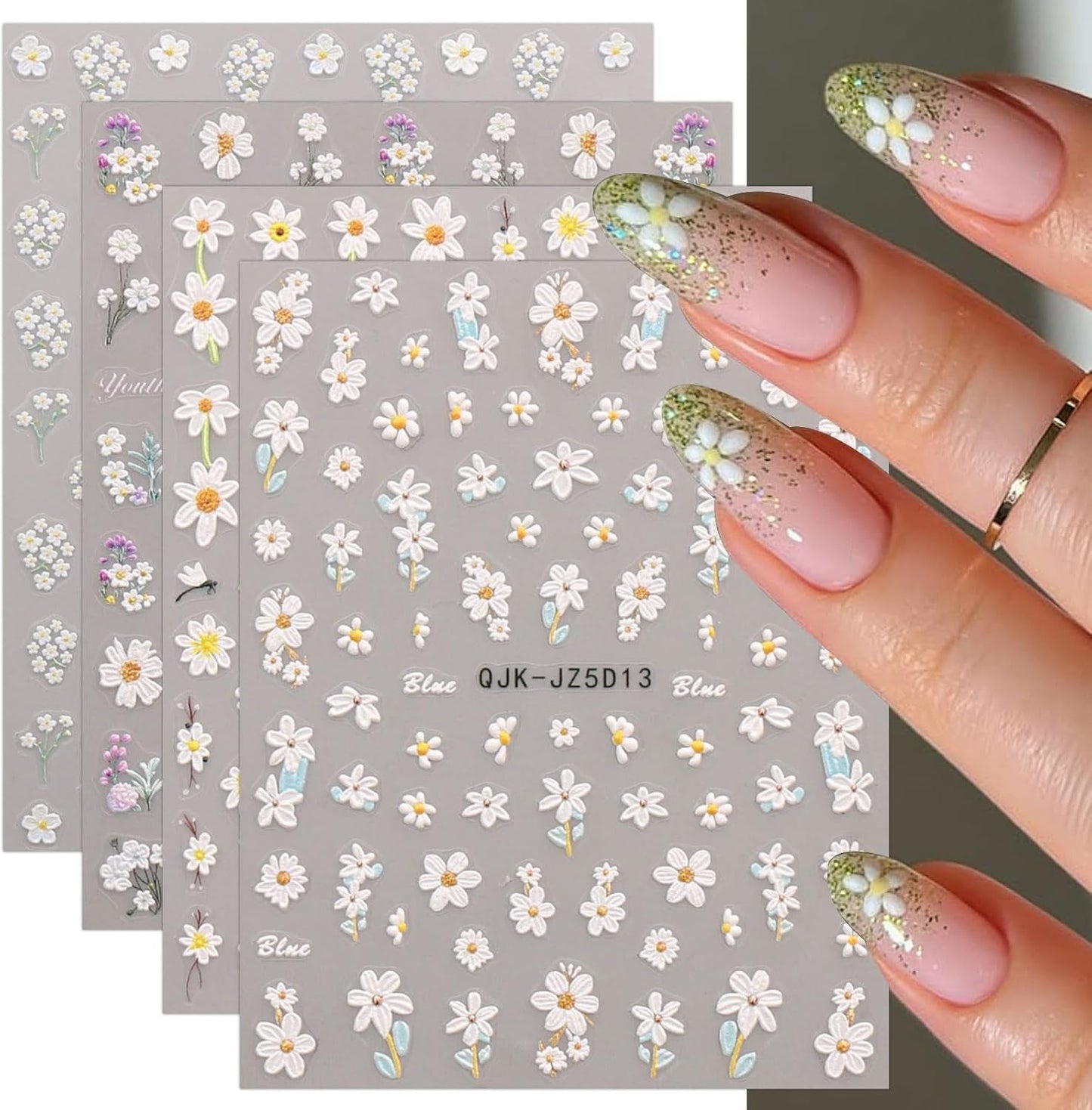 JMEOWIO 3D Nagelsticker Blumen Nail Art Sticker Selbstklebend Nagelaufkleber 5D Stereoskopisk Sommer Frühling Blumen Dekoration Nageldesign Zubehör 4 Blatt