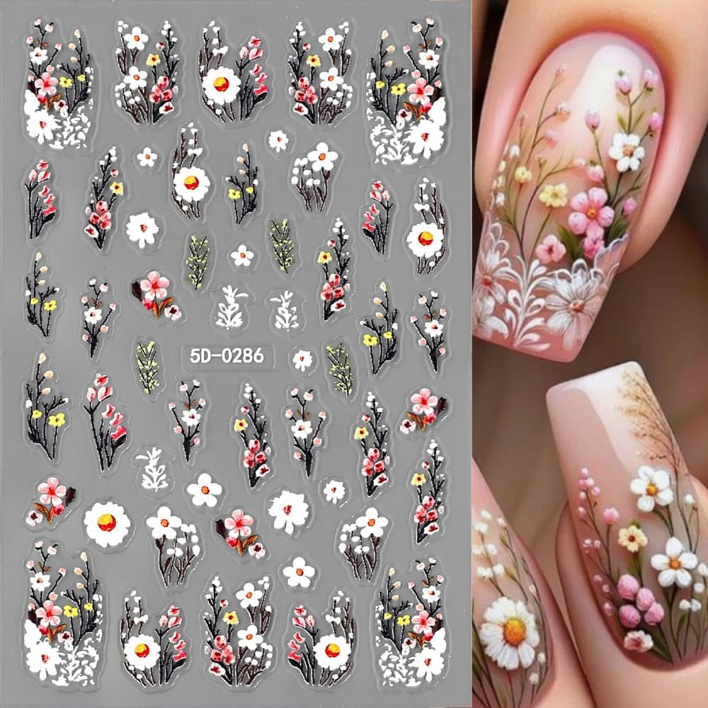 Plum Flower Nail Stickers, White Pink Flower Nail Stickers, Prægede Flower Nail Stickers, Spring Summer Flower Nail Stickers, Negle Designs, Negle Accessories, Nail Art