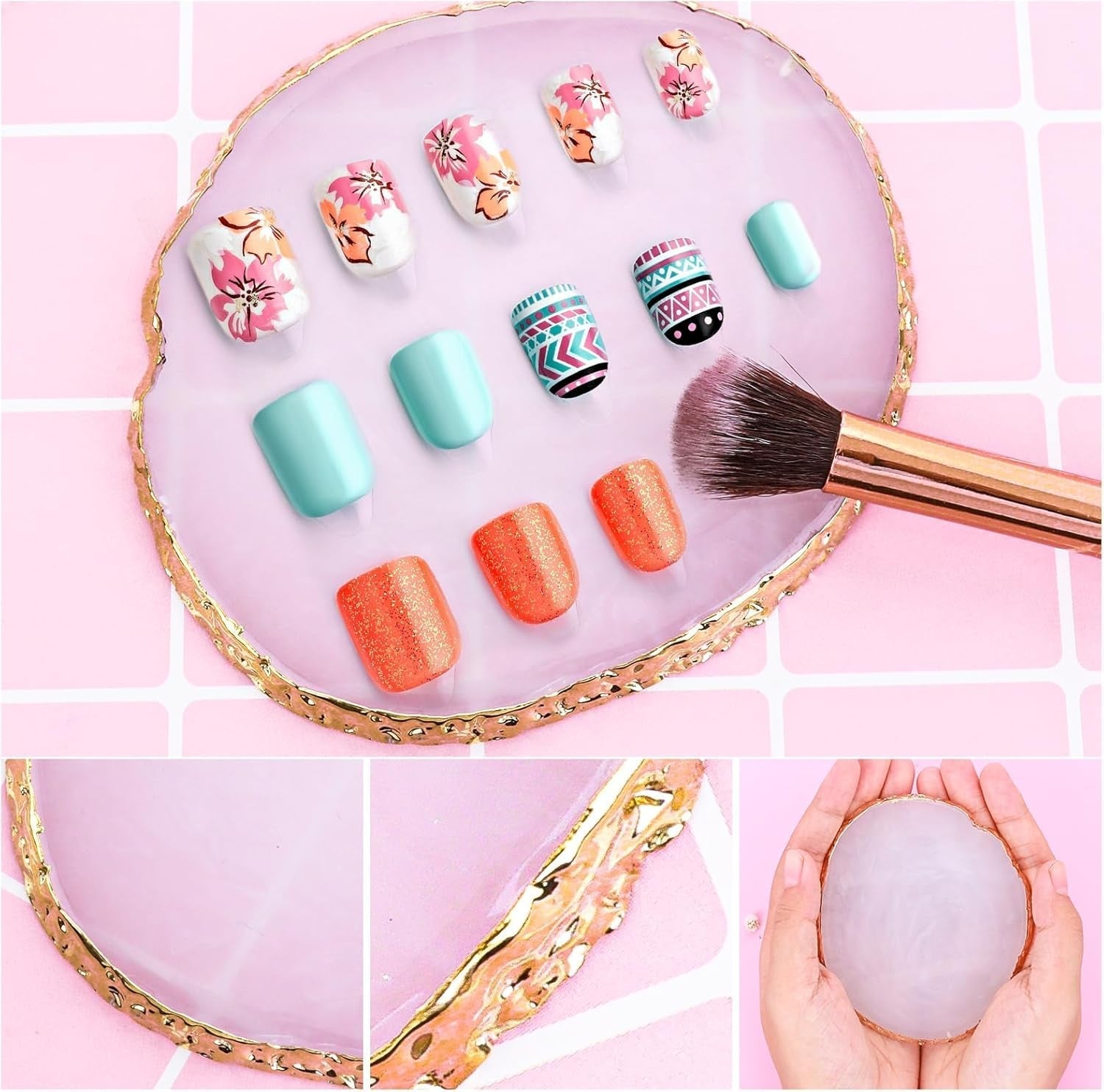 Harz Nail Art Palette,Maniküre Gemalt Palette,Goldener Rand Nagelleck Palette,Nail Art Makeup Palette Display Fach Nagel DIY Zubehör(Weiß)