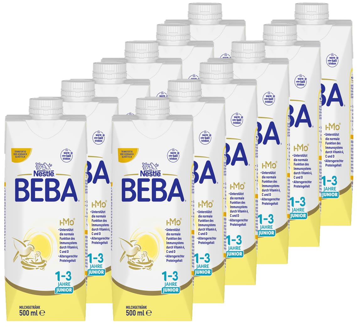BEBA Junior drikkeklar mælkedrik 1-3 år, med HMO, aldersegnet proteinindhold, palmeoliefri, fiskeoliefri, småbørnsmad, pakke med 12 (12 x 500 ml)