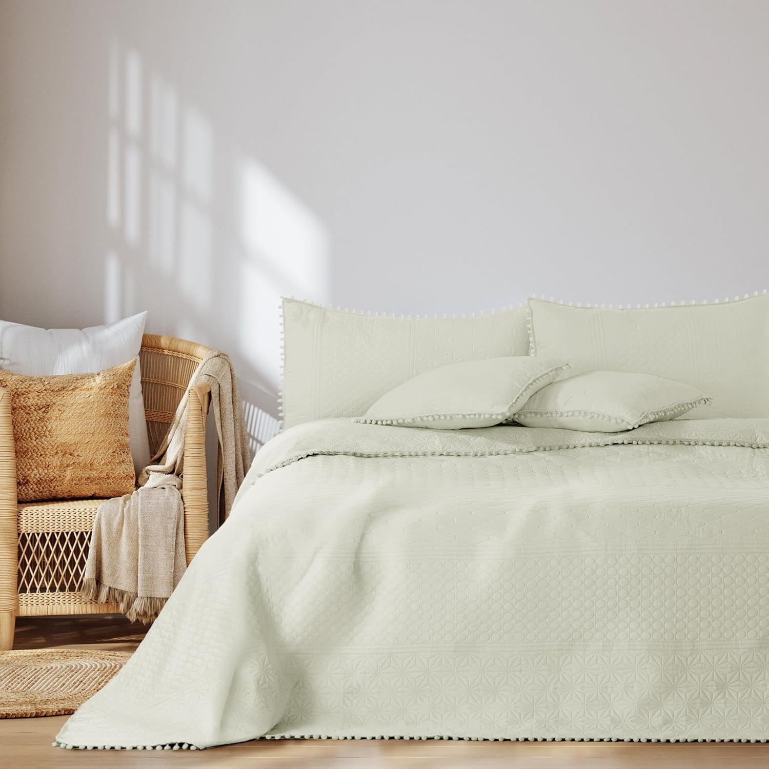 Ameliahome Sengetæppe med pomponer 220X240 Cm Dobbeltsidet sengetæppe Ultrasonic Quilting Polyester Meadore Grå Senge og Tæpper Besuche den AmeliaHome-Store Cream Meadore 240X260 Cm