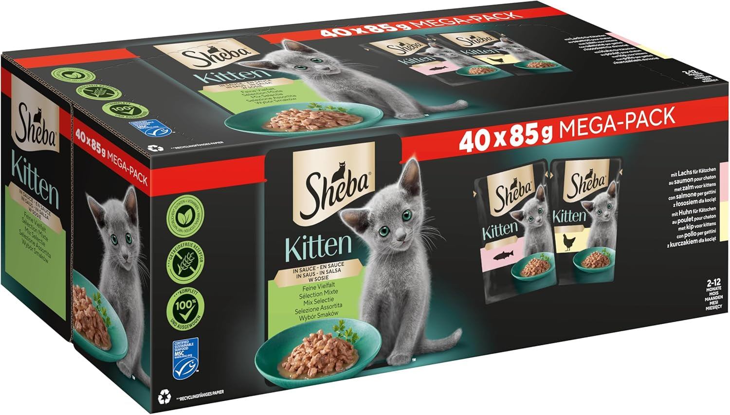 Sheba vådfoder til killinger, i diverse poser, med laks (MSC) og kylling i sauce, multipak 40x85g