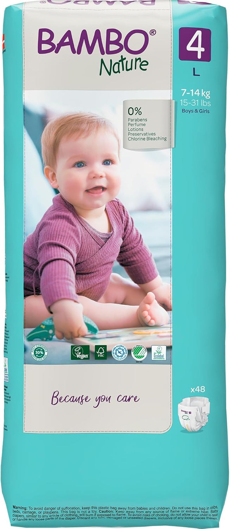 Bambo Nature babybleer, str. 4 (7-14 kg) - 48 stk. Premium bleer med forbedret lækagebeskyttelse | Ultimativ komfort og frihed for aktive børn | Dermatologisk testede bleer