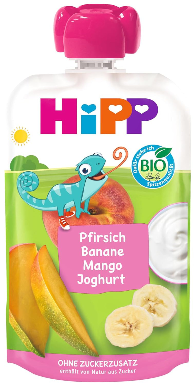 HiPP Peaches Bananer Mango med Yoghurt, komprimerbar pose fra 1 år, 8 x 100g