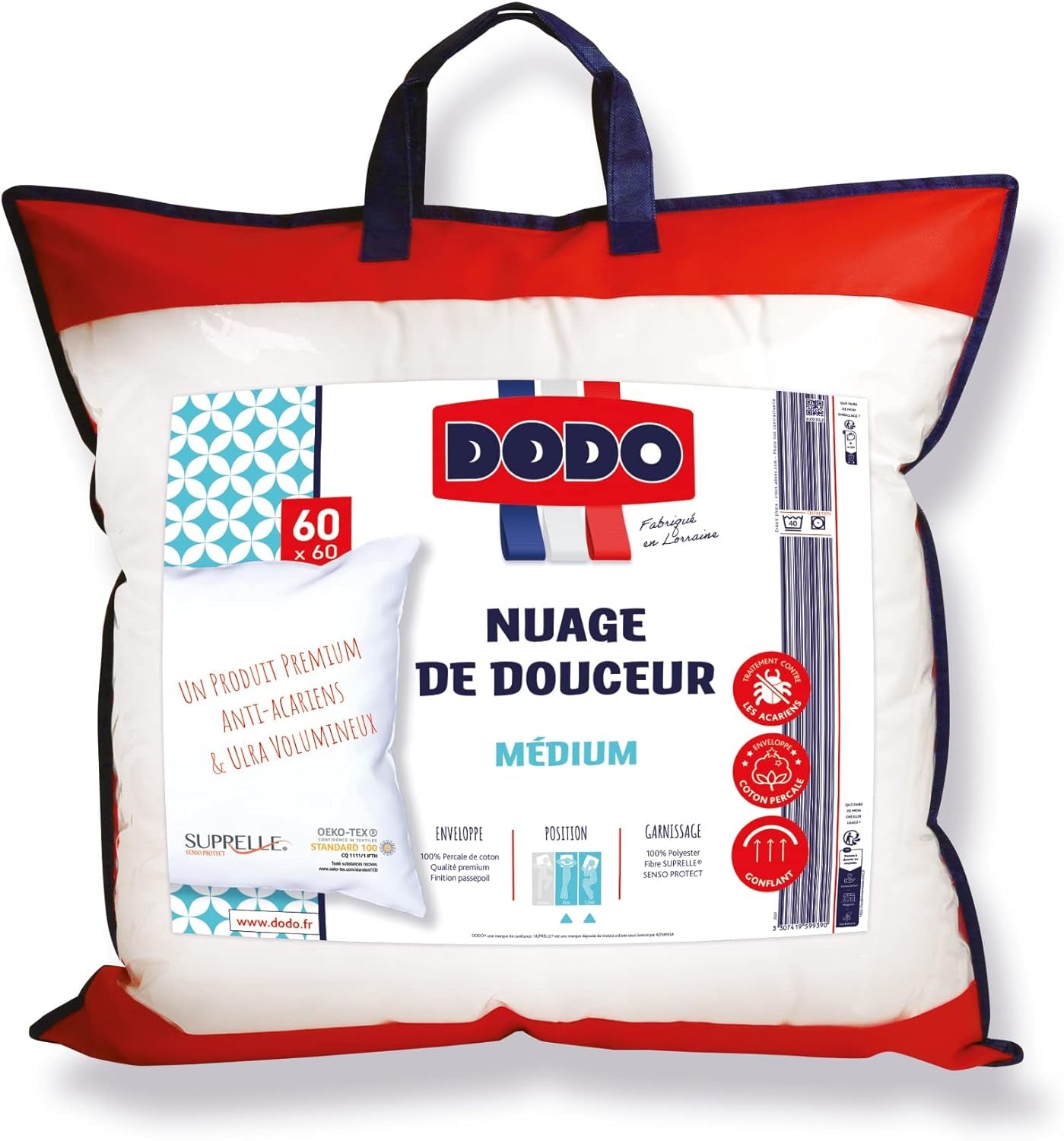 DODO Premium Pude, 60 X 60 Cm, Medium Comfort, Cloud De Douceur Pude | Midesikker og fluffy | Percale Cotton + Piping Kan maskinvaskes ved 40 °C Naty Shop standard puder