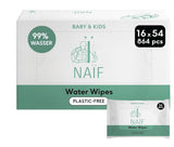 Naïf plastfri babyservietter 432 stykker (8 pakke x 54 servietter) - Pleje af babys bund, krop og ansigt - 99% vand - 0% duft og alkohol - Æske med bæredygtige vådservietter, følsom eukalyptus