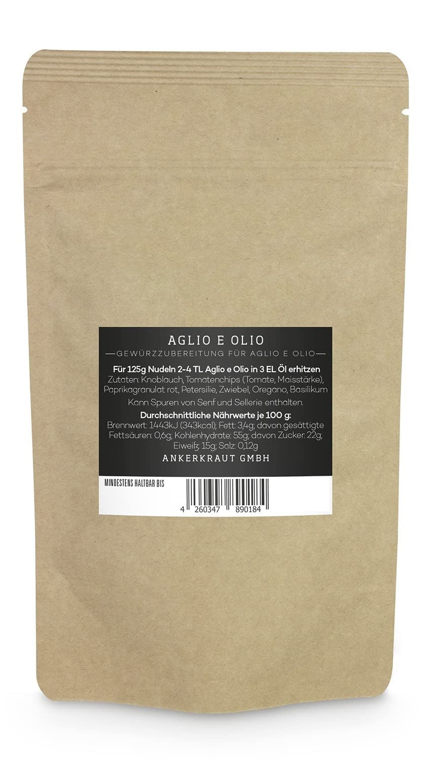 Ankerkraut Aglio e Olio, italiensk Gewürzmischung til pasta og klassiske spaghetti-nudler, 120 g i en aromatisk pose
