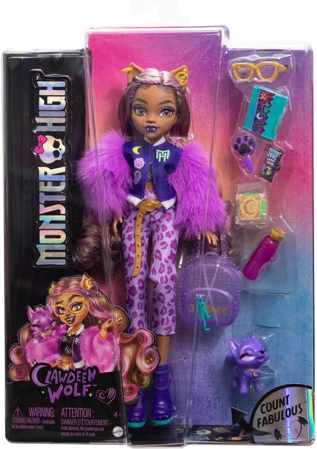 Monster High Clawdeen Wolf Doll med Puppy Crescent og tilbehør såsom skoletaske, kalender, snacks og mere, HRP65
