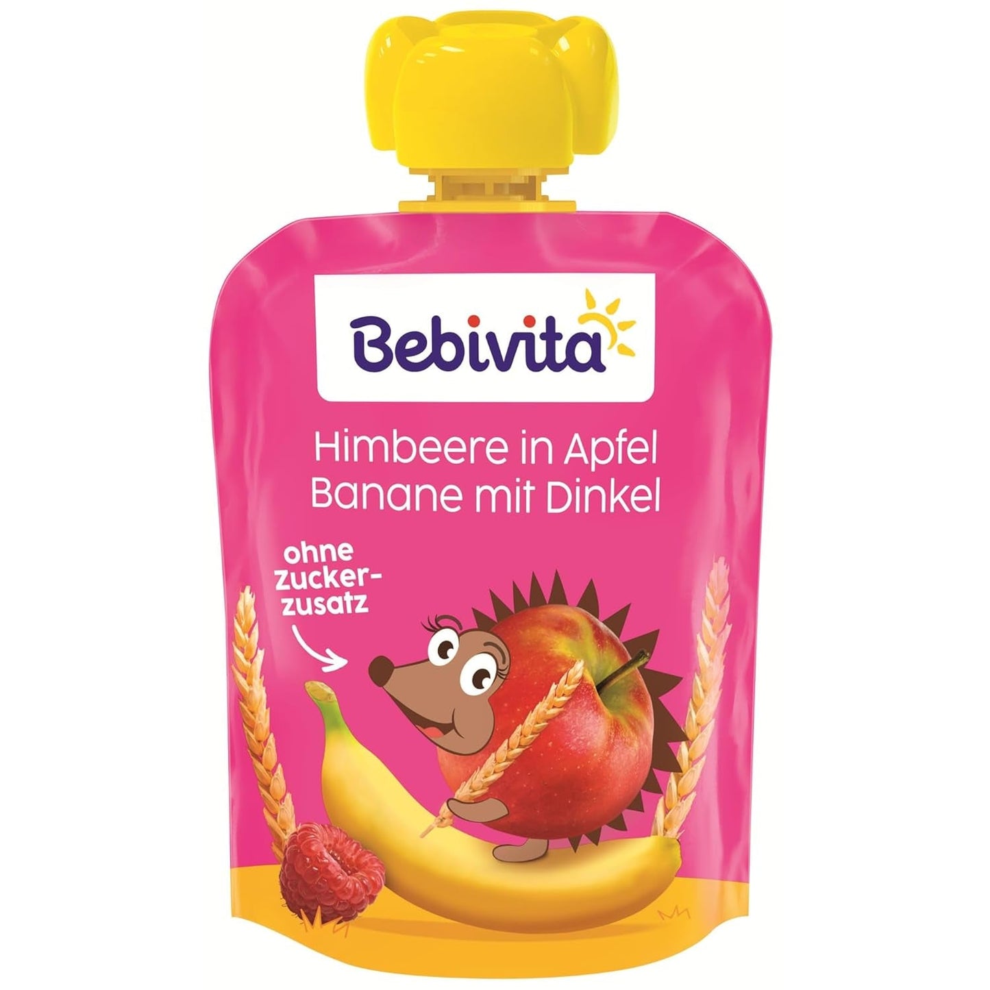 Frugt, hindbær, æble, banan og spelt pressbare poser - 16 stykker (pakke med 4, 4 x 90 g hver), uden tilsat sukker, lavet af blød frugt og sunde korn, ideel til take-away snacks og selvforbrug
