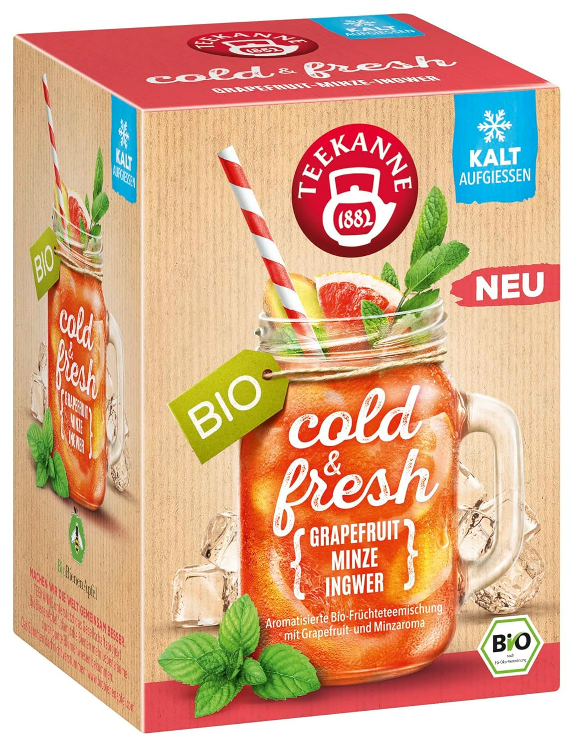 Teekanne Cold & Fresh BIO 4Er Mix - Med de nye varianter citron-mynte, fersken-maracuja, appelsin-rosmarin, grapefrugt-mynte-ingefær (4 X 45G)
