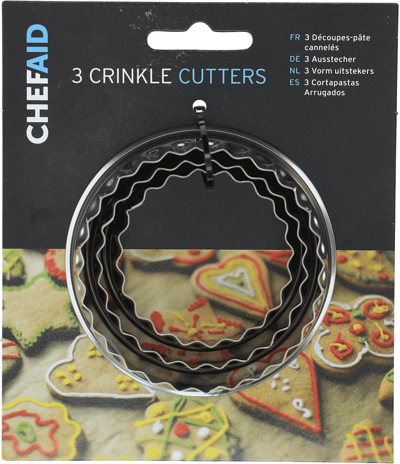 Chef Aid Biscuit Form Sæt med 3: Kiks, scones, kager, mini quiche og dejsmåkageudstikkere, ideel til hjemmebagning, kagedekoration, fondant, riflede cirkler i rustfrit stål.