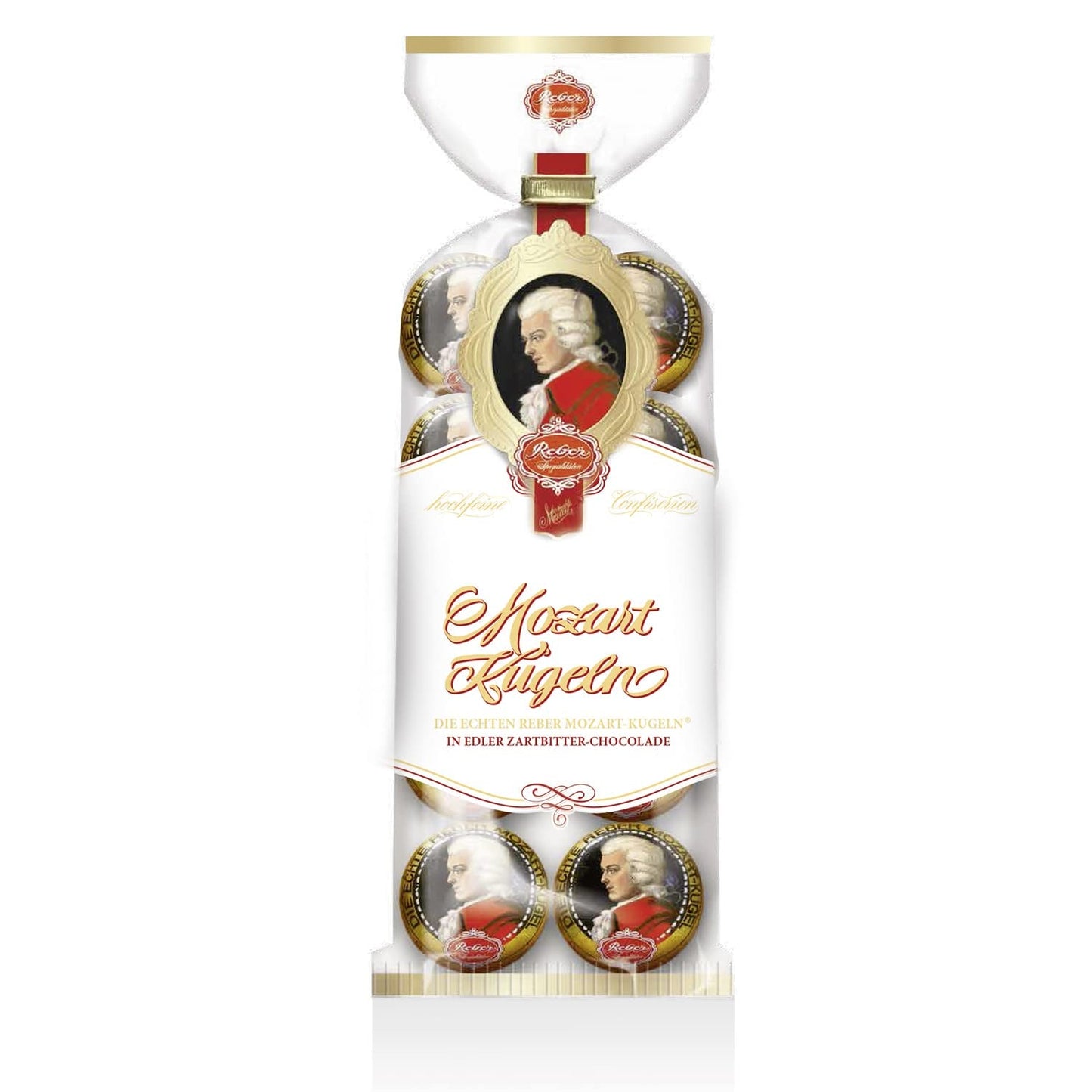 Reber Mozart Bolde - Konfekturepose med 8 stykker - Ægte Reber Mozart Bolde Mørk Chokolade, Marcipan & Nougat - 1 x 160g