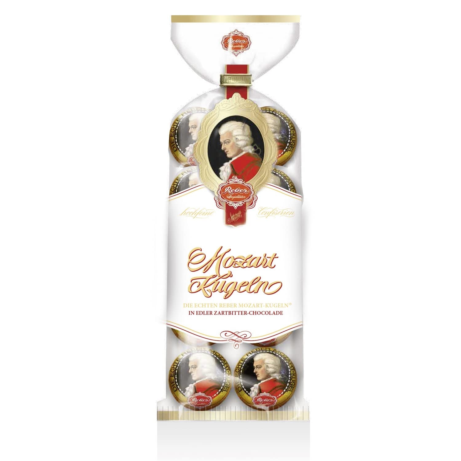 Reber Mozart Bolde - Konfekturepose med 8 stykker - Ægte Reber Mozart Bolde Mørk Chokolade, Marcipan & Nougat - 1 x 160g