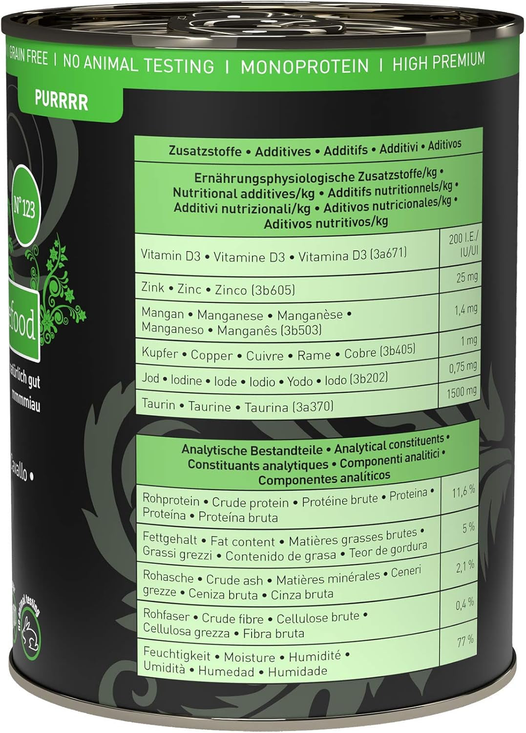 Vådfoder til katte Catz Finefood Purrrr Heste Monoprotein no. 123, til katte med følsom fordøjelse, 70% kødindhold, 6 æsker x 400 g