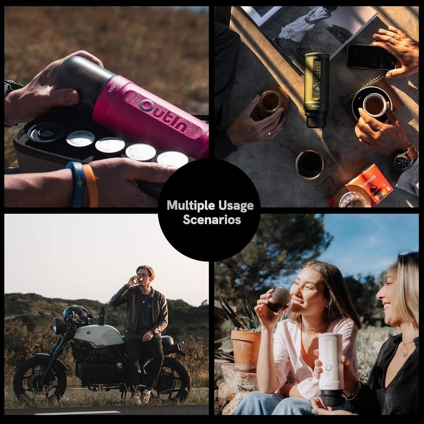 OutIn Nano bærbar elektrisk espressomaskine, campingkaffemaskine, USB-C selvopvarmende, kompatibel med malet kaffe og NS-kapsler