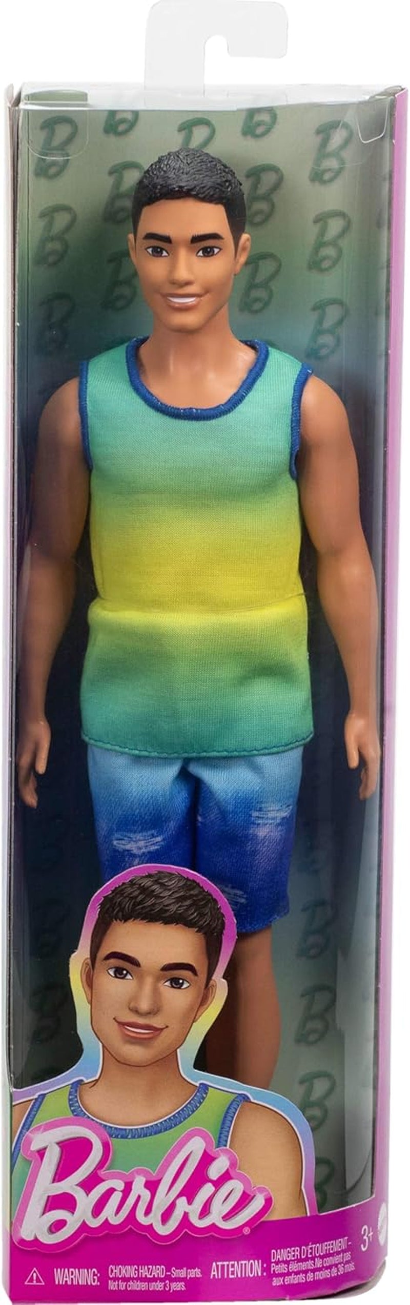 Ken Barbie Fashionista dukke nr. 236 med sort hår, blågrøn ombré tanktop, denimshorts og sølv sneakers, HYV00