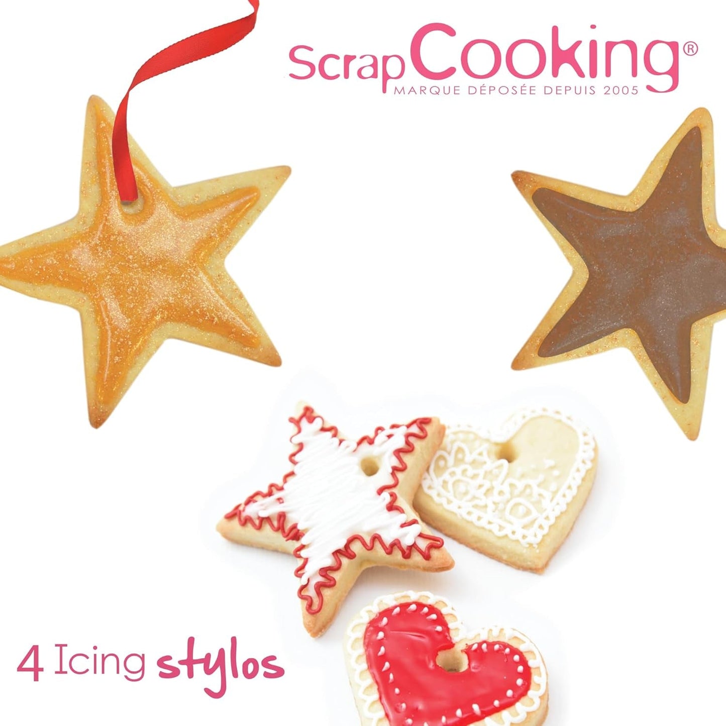 Scrapcooking - 4 stykke tuscher: guld, chokolade, hvid og rød - dekorative spiselige kuglepenne til skrivning og tegning på desserter, kager og kiks