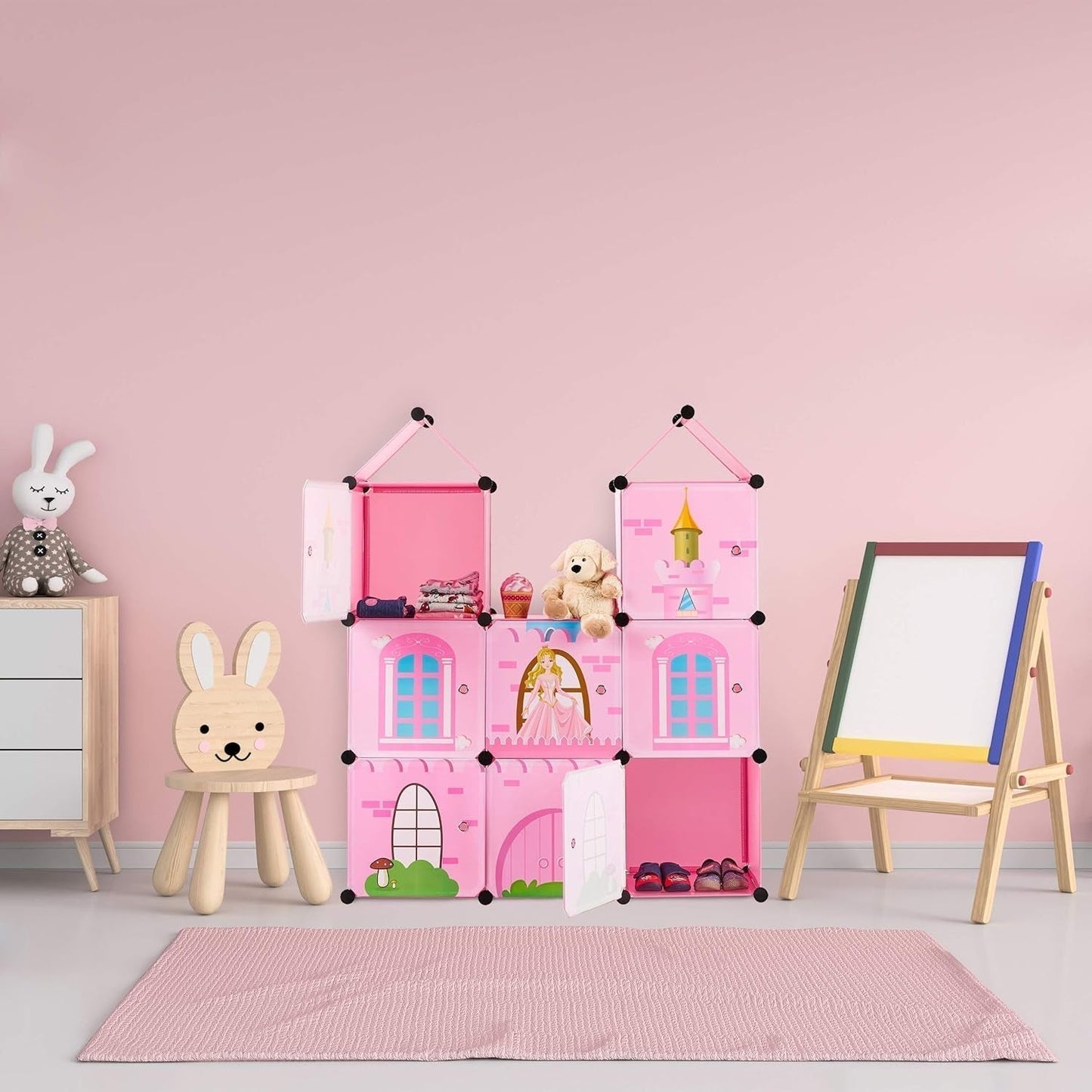 Relaxdays børneværelseshylde, prinsesseslot, plastik, gør-det-selv-skab med låger, HBT: 128 X 110 X 37 Cm, pink Naty Shop Dukkehuse