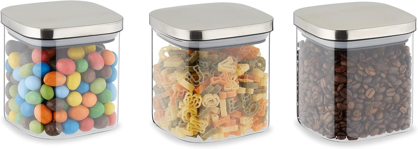 Relaxdays opbevaringskrukker med låg Sæt med 3 600 ml firkantede opbevaringskrukker Lufttætte glasbeholdere Klar/sølv madopbevaringsbokse Naty Shop Standardtitel
