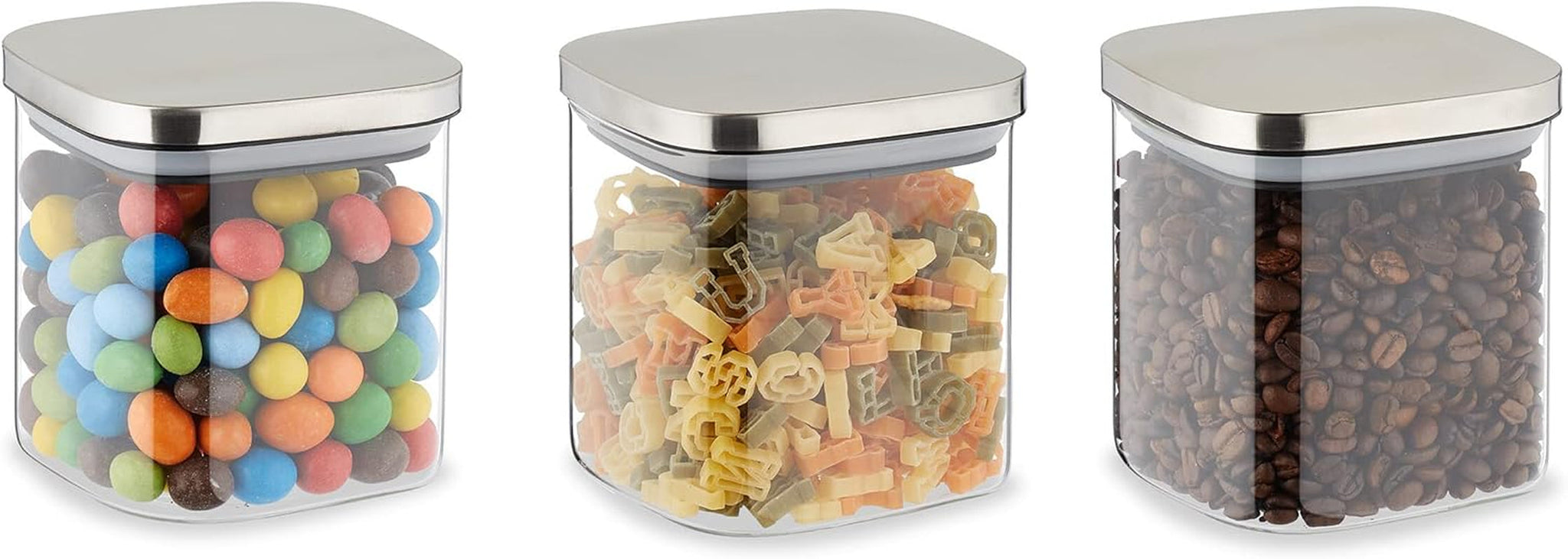 Relaxdays opbevaringskrukker med låg Sæt med 3 600 ml firkantede opbevaringskrukker Lufttætte glasbeholdere Klar/sølv madopbevaringsbokse Naty Shop Standardtitel