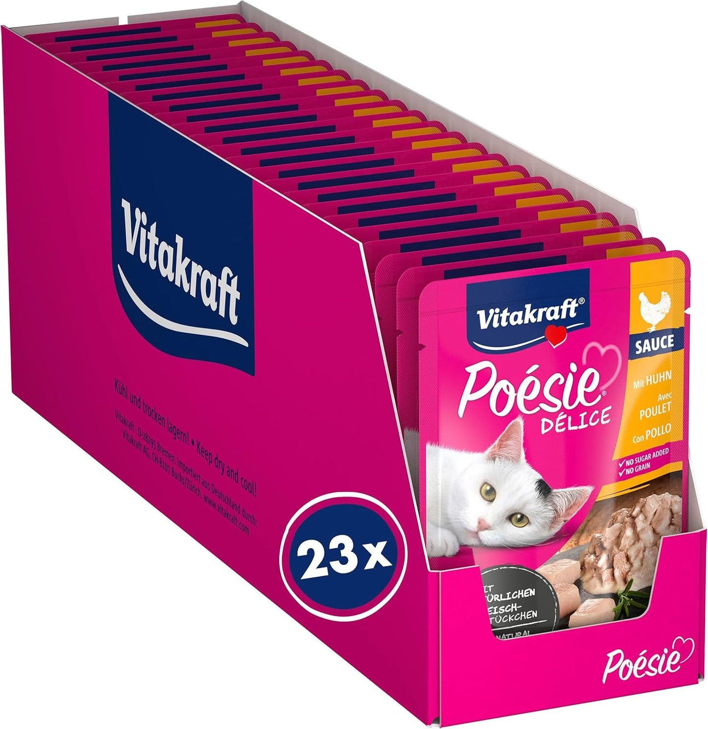 Vitakraft Poésie Délice, Nassfutter Katze, Katzennassfutter i sauce, med kylling, Vorratspackung, ohne Zusatz von Zucker und Getreide (23x 85g)
