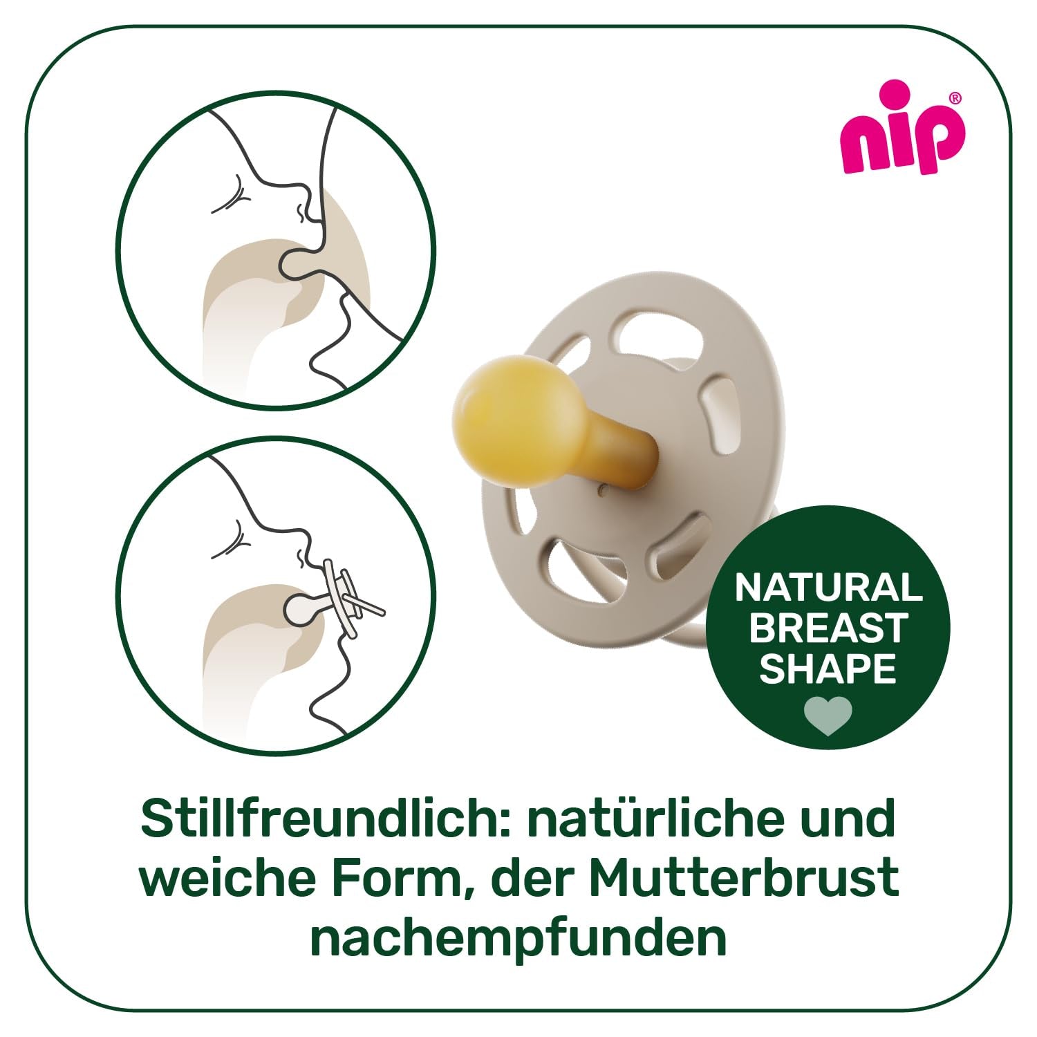 nip - Cherry Green | 0-6 måneder | Pakke med 4 | Sut, velegnet til amning og tænder. Bæredygtig sut, lavet af naturlige råmaterialer, lysegrøn/brun