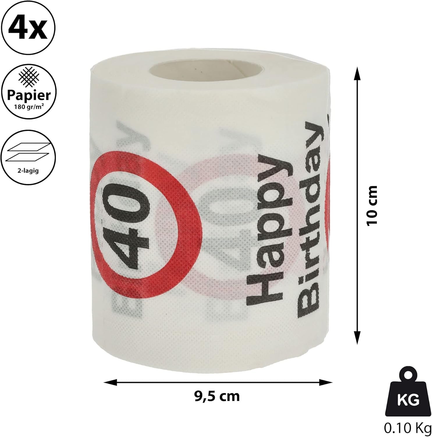 Sæt med 4 toiletpapir "Tillykke med 40 års fødselsdagen" │40 års fødselsdag 24 meter 2-stoffer 180Gr/Qm │ Toiletpapir motiv toiletpapir (4 X toiletpapir 40)