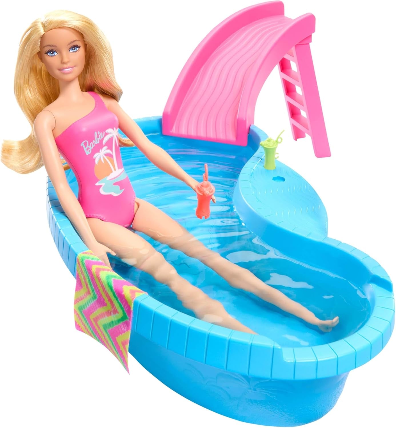 Barbie dukke og tilbehør - pool med rutsjebane og tilbehør til timevis af sjov i solen, pink badedragt med tropisk design, til børn fra 3 år, HRJ74 Naty Shop Dukkehuse
