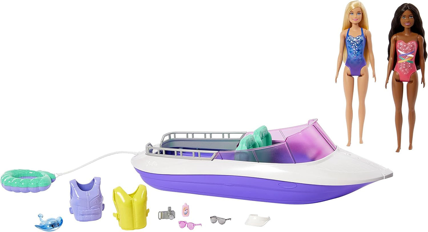 Barbie HHG60 - Havfruemotorbåd med 2 dukker (blond/brunette) og forskelligt tilbehør, legetøj til børn fra 3 år og opefter