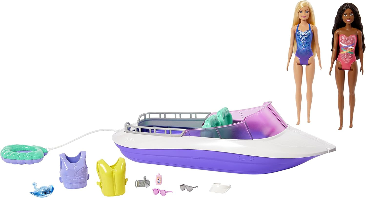 Barbie HHG60 - Havfruemotorbåd med 2 dukker (blond/brunette) og forskelligt tilbehør, legetøj til børn fra 3 år og opefter