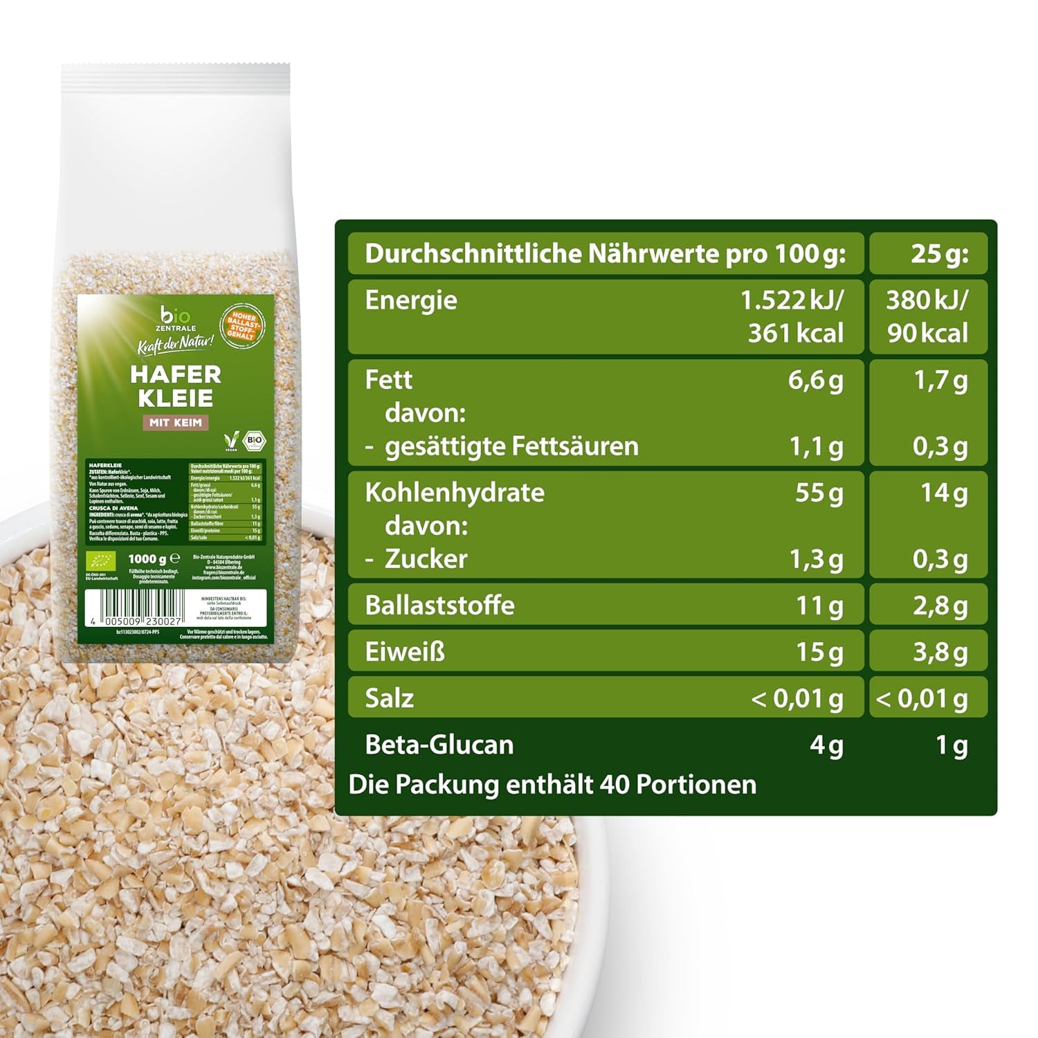 Biocentral økologisk havreklid 1 kg | Fordelagtig pakke | Fiberrig proteinkilde | Naturally vegan | Fra EU's landbrug | Lavt sukkerindhold