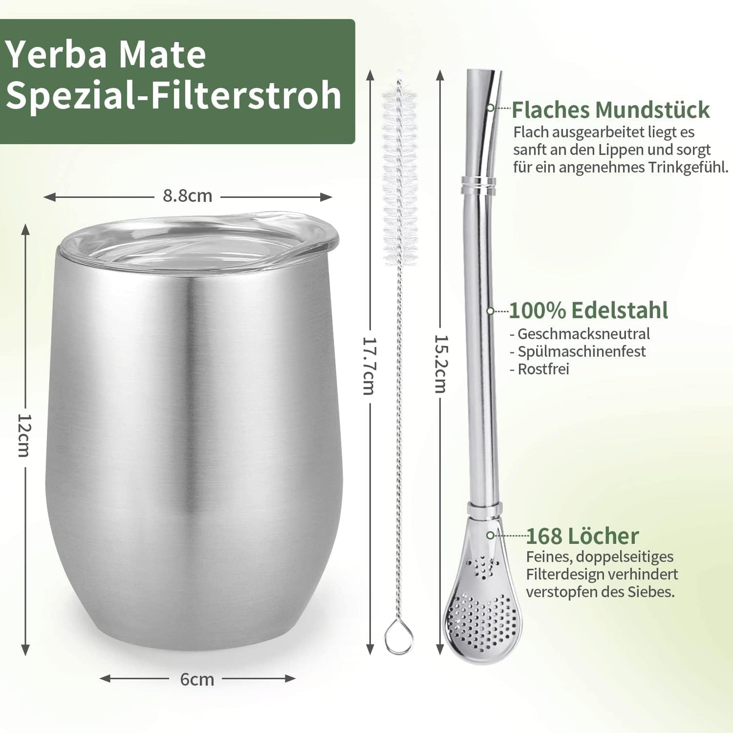 Moderne Mate-krus 340 ml, isoleret Yerba Mate-krussæt med dobbeltvæg i rustfrit stål, Mate-tekrus med BPA-frit låg, Bombillas og en rensebørste (sølv)