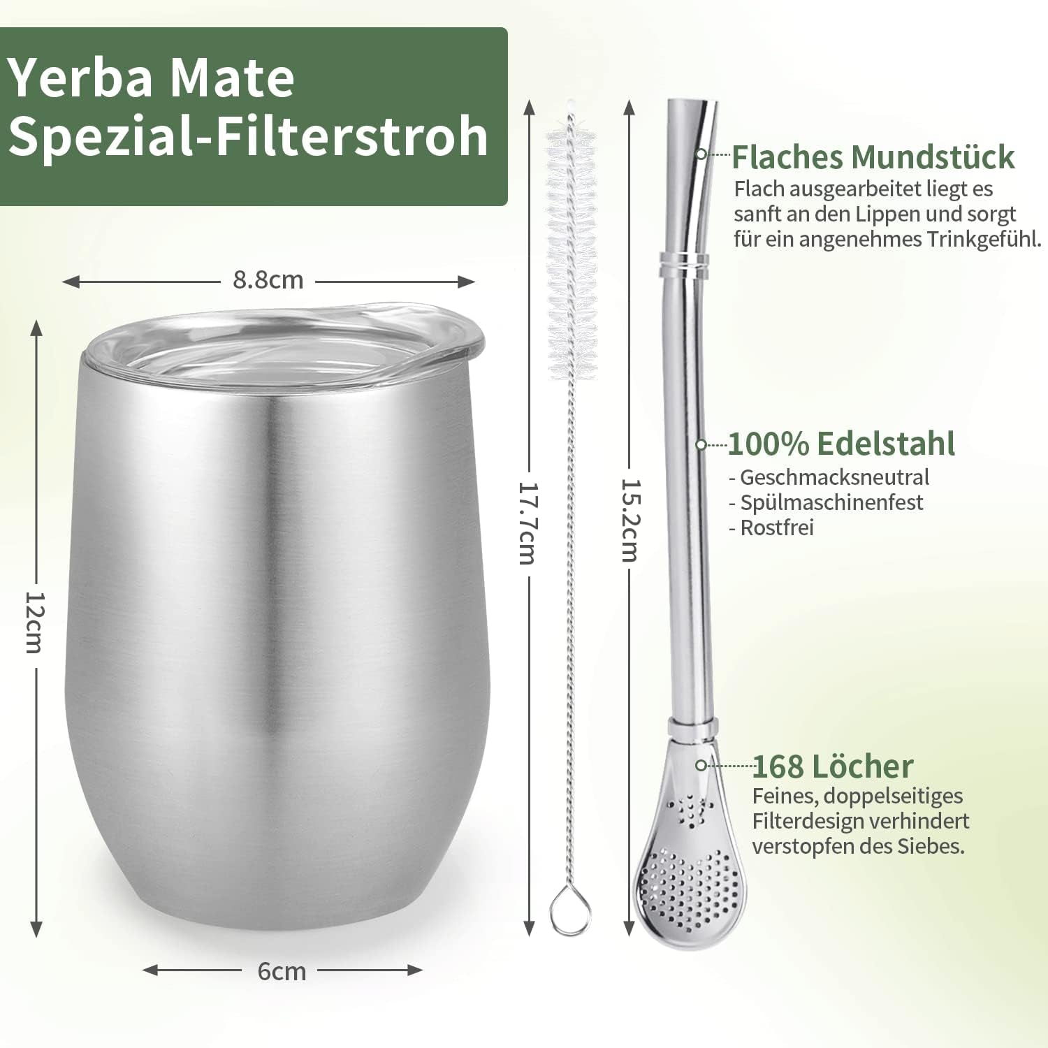 Moderne Mate-krus 340 ml, isoleret Yerba Mate-krussæt med dobbeltvæg i rustfrit stål, Mate-tekrus med BPA-frit låg, Bombillas og en rensebørste (sølv)
