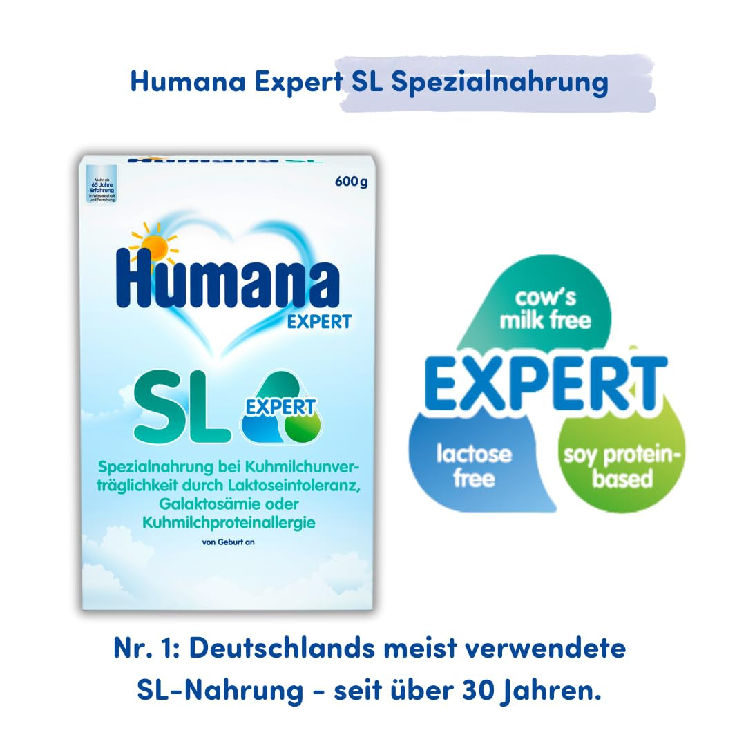 Humana SL Expert, fra fødslen, speciel formel til komælksintolerance forårsaget af laktoseintolerance, galaktosæmi eller komælksproteinallergi, til spædbørn og småbørn, 600g