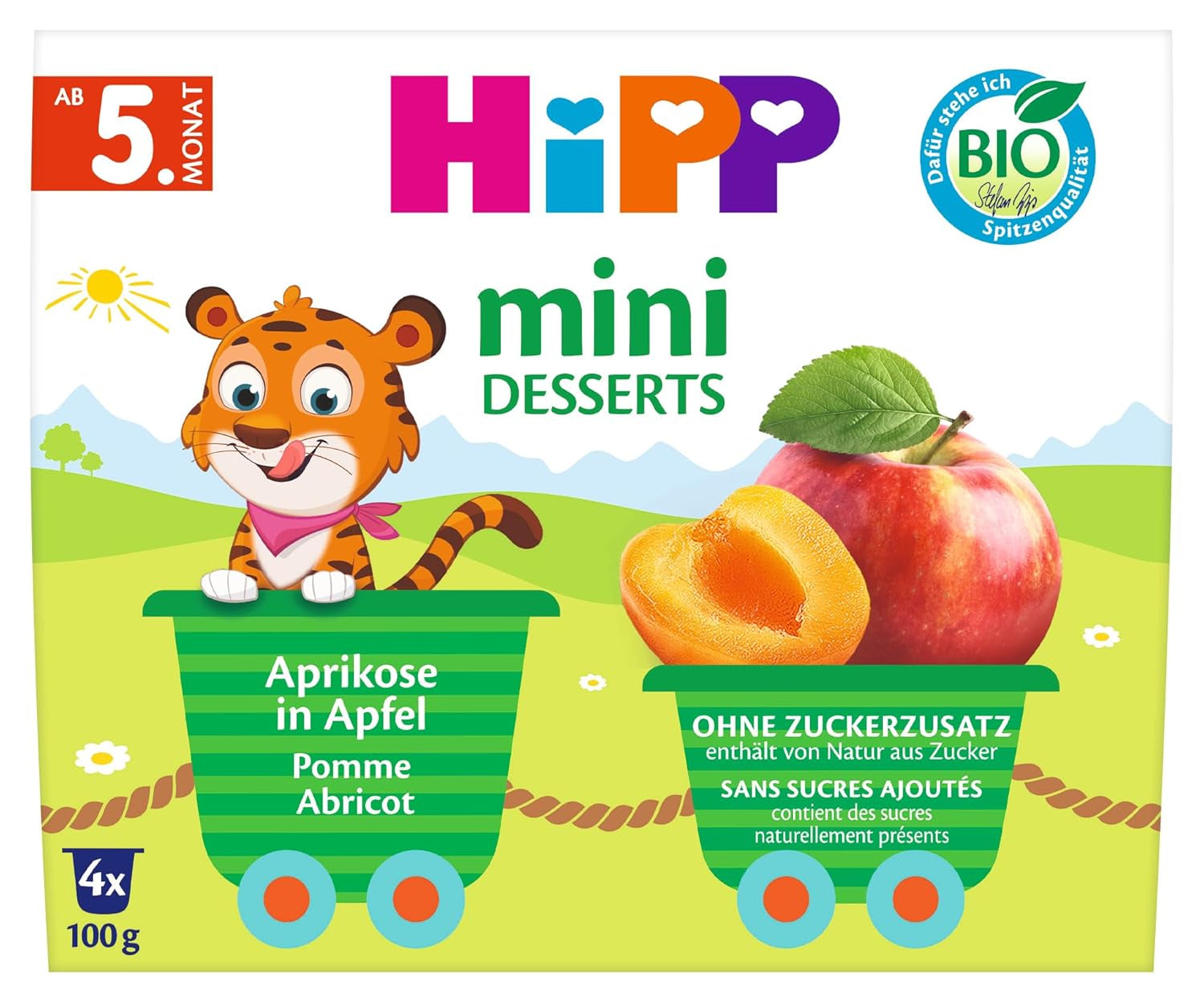 HiPP Økologisk Mini Dessert med Abrikos og Æble (pakke med 6 x 4 x 100g), fra 5 måneder, i praktiske kopper, uden tilsat sukker, bedste økologiske kvalitet
