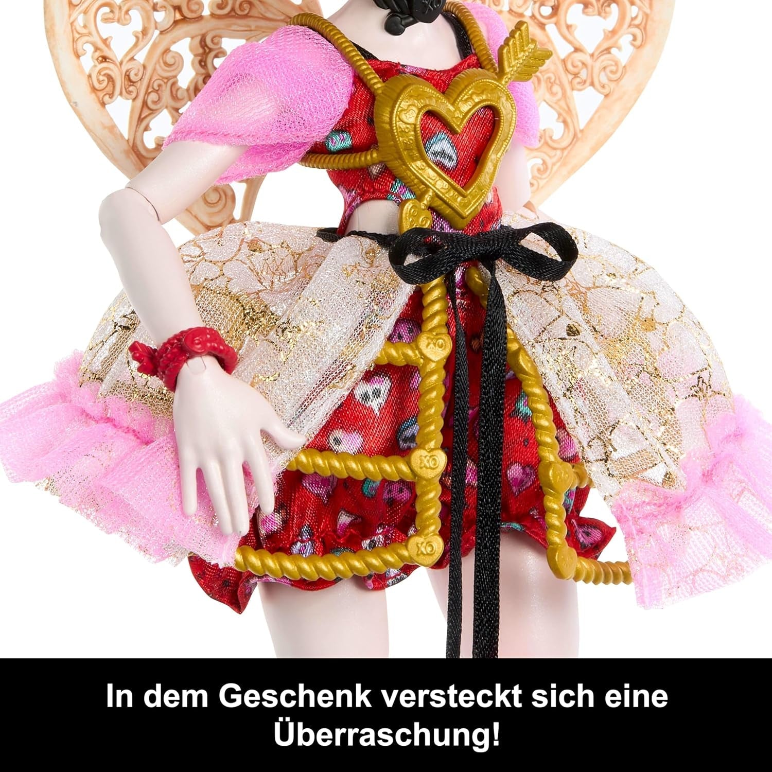 Monster High Skræmmende sød fødselsdag Amor Asteria dukke i pink og rød festkjole med tematilbehør som invitation, ballon, gave og mere, JBG77